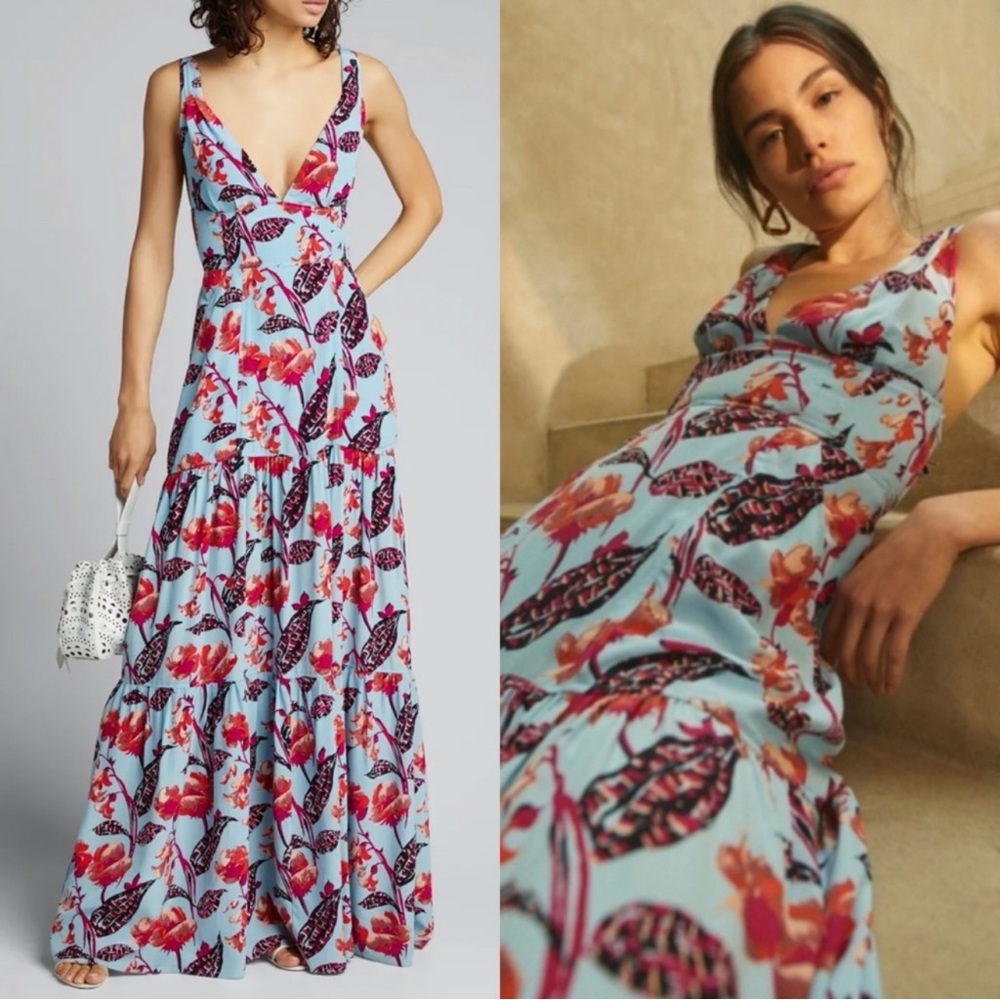 A.L.C. Blue Floral Maxi Dress with Red & Purple Accents
